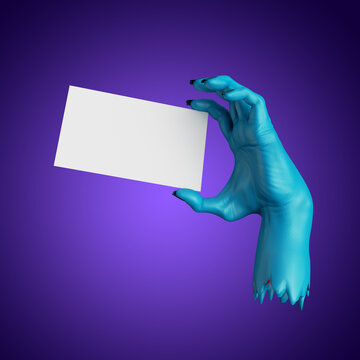3d render, creepy blue zombie hand holds blank card template. Halloween clip art isolated on violet background