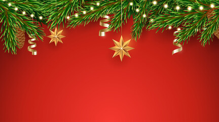 Vector fir tree border with a garland of light bulbs and hanging Christmas decorations. Horizontal red background with pine branches border. Traditional Xmas decor. Design element for winter holidays.