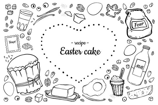 Easter cake and ingredients black outline on white background. In the shape of a heart inversion. Place for text.