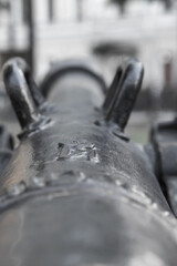 barrel of an old gun, a view along the gun low angle, visible sight