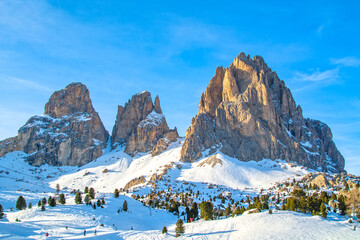 Dolomites landscape panorama in winter from Sella Pass, Italy, Sassolungo / Langkofel