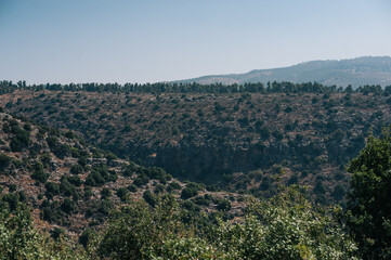 Beautiful landscape view with mountain slopes  covered with lush greenery in North Israel
