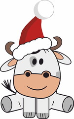 Cute cow in Santa hat bull, symbol 2021 year	