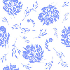 Floral vector bouquets, seamless pattern with leaves, branches, berries. Endless pattern will be perfect for fabric, textile product, bed line, wedding invitation, template card, Birthday card, poster