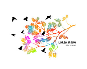A multi-colored branch with flying birds. Mixed media. Vector illustration