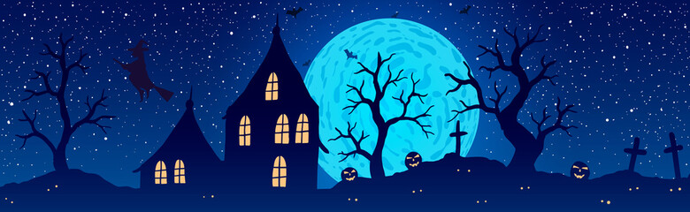 Vector illustration of halloween. Pumpkin Jack on background of the old house, cemetery and full moon.