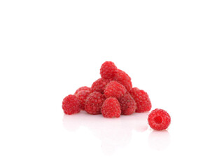 Fresh Raspberries on white reflective background. Isolated