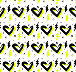 Abstract brush yellow seamless pattern with hearts