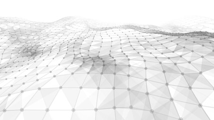 Futuristic white futuristic background. Wave with connecting dots and lines on wave background. Abstract interlacing lines and points. Digital connection of elements. Imitation waves.