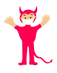 halloween cartoon character in covid-19 pandemic. scary cute demon in protective mask.