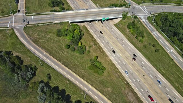 Aerial view of modern transportation with highway interchange multiple road interchanges Cleveland Ohio USA