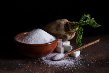 sugar beet and white sugar with rust background