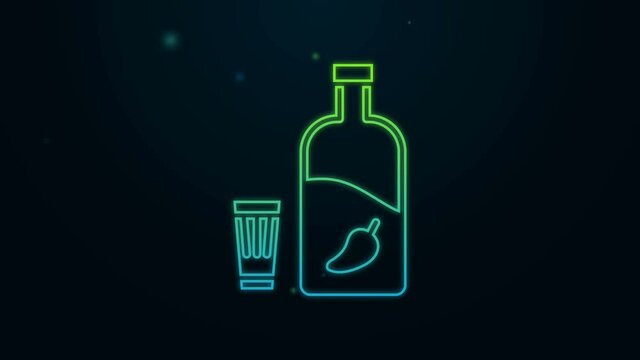 Glowing neon line Vodka with pepper and glass icon isolated on black background. Ukrainian national alcohol. 4K Video motion graphic animation