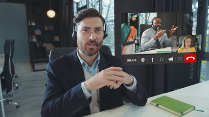 Join Meeting. Skype Video Conference. Portrait Successful Bearded Confident Entrepreneur with...