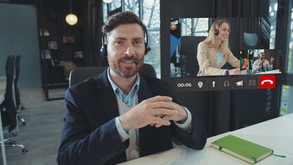 Online Meeting Via Skype. Portrait Attractive Director Entrepreneur Leading Distant Virtual Meeting...