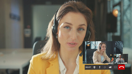 Telemeeting. Portrait of Beautiful Young Woman Internet Coach Business Manager Leading Online Video Group Team Chat Interview Conversation Webinar via Skype Virtual Conference.