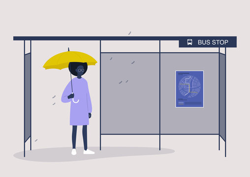 Rainy autumn weather, a black female character waiting a bus under the yellow umbrella