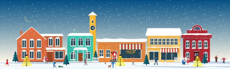 City life in winter. People walking. Snowy day. Vector.