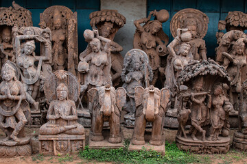 Several stone sculptures on display in Bhubaneswar, Odisha, India