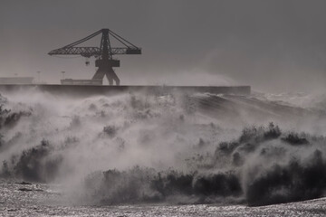 Harbor wall during heavy storm