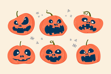 Set of Halloween scary pumpkins with expression