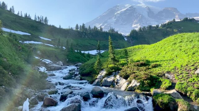 Myrtle Falls in Mount Rainier National Park in Washington State. Sunflare in the video