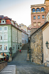 Prague, Czech republic - September 20, 2020. Ke Hradu street during pandemic situation without tourists - Covid-19 - empty street heading to Prague Castle