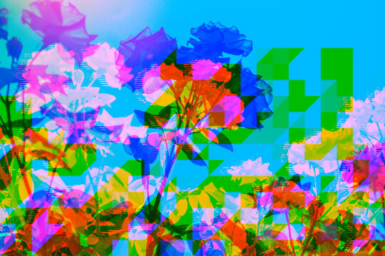 Vibrant retro floral pixel,glitch background