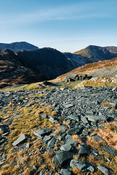 Dubs Hut bothy with Haystacks beyond. Cumbria, UK.