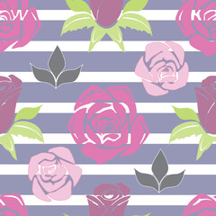 Vector Blue Stripe Floral seamless pattern background. Geometric design with roses and leaves in a modern, versatile pattern. Use for decor, fashion, bedding and packaging