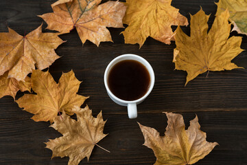 Cup of tea on wooden background surrounded by Golden autumn leaves. Hot tea in fall