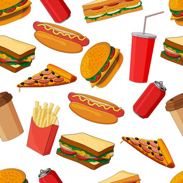 Seamless pattern consisting of fast food images.There are Burger,pizza,sandwiches and drinks.Can be used for various kinds of design, calligraphy and wrapping paper.