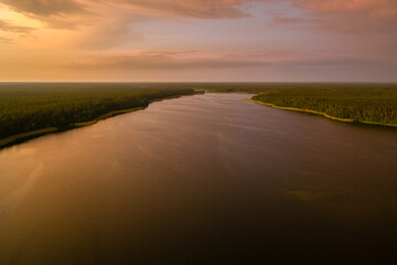 Stunning sunset over Sajno lake, aerial view