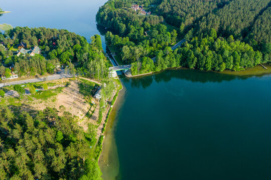 Aerial view of water tame between lake Biale Augustowskie and Studziennicze, Poland