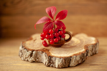 Autumn composition. Red viburnum berries and a red leaf in a clay mug on a wooden sawn tree. The selected sharpness