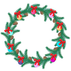 Fototapeta na wymiar Christmas wreath of Christmas decorations consisting of toys, bows, fir branches and cones.Can be used as postcard, posters for other kinds of design.