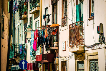 View of the facade of a building in the downtown of Lisbon in Portugal
