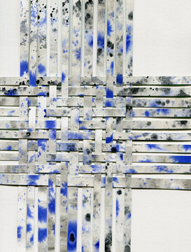 Monochrome paper weaving collage with blue splashes