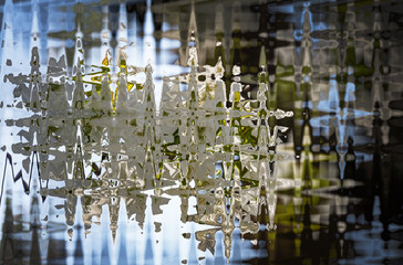 Abstract zigzag pattern with wave on floral theme. Artistic image processing created by photo of white Cherry blossom. Beautiful multicolor pattern in blue, white, brown tones. Background image