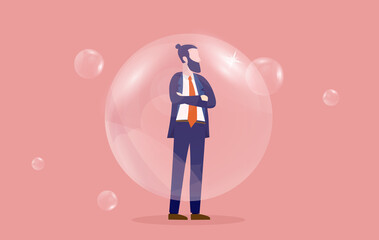 Living in a bubble - Man standing with folded arms ignoring everything. Isolated from the world concept. Vector illustration.