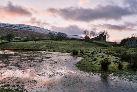 Sunrise over Pendragon Castle. Cumbria, UK.