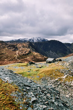 Dubs Hut Bothy and distant path to Haystacks. Cumbria, UK.
