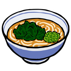Illustration of Wakame Udon: Illustration like woodblock print