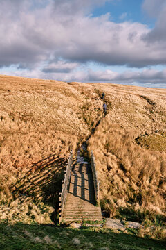 Father and son walking in the Cheviot Hills. Northumberland, UK.