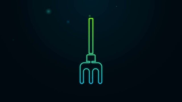 Glowing neon line Garden rake icon isolated on black background. Tool for horticulture, agriculture, farming. Ground cultivator. 4K Video motion graphic animation