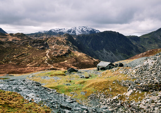 Dubs Hut Bothy and distant path to Haystacks. Cumbria, UK.