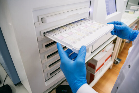 Crop hands of scientist putting tray with samples into analyzer while working in modern lab