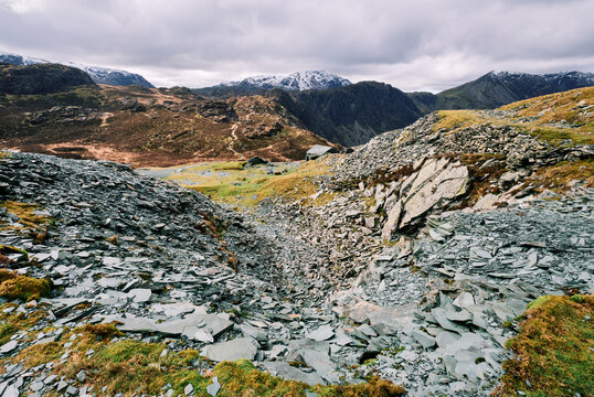 Dubs Hut Bothy and distant path to Haystacks. Cumbria, UK.
