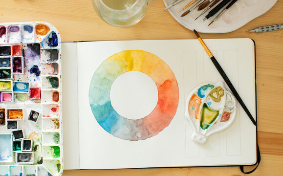 Color wheel and palette with watercolors