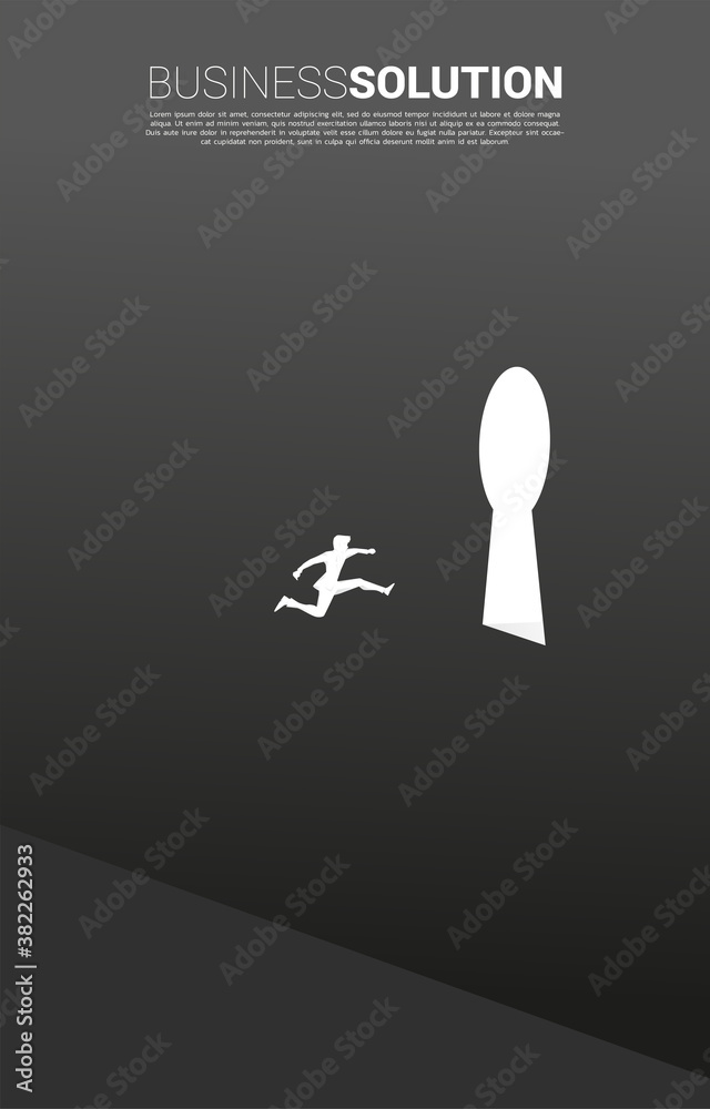 Poster silhouette of businessman jumping to key hole exit on the wall. find the solution concept vision mis
